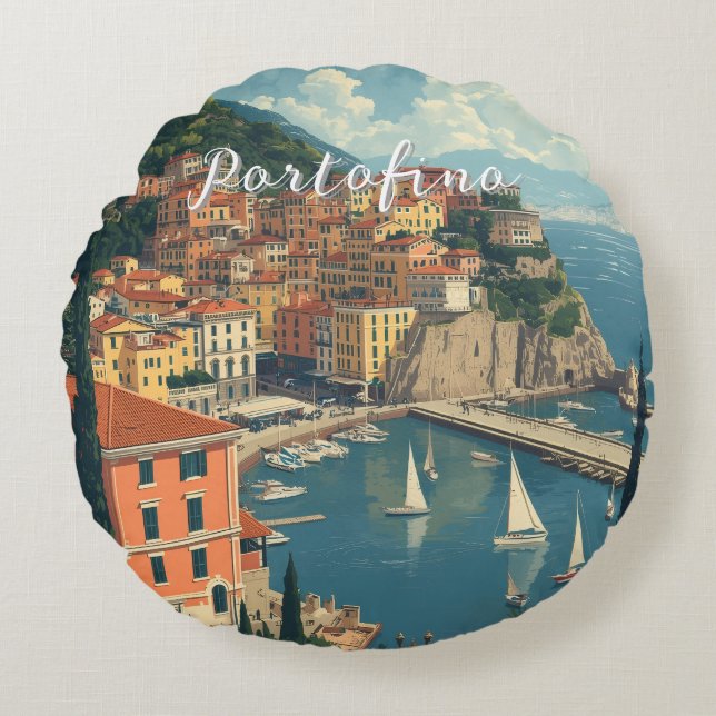 Vintage Style Portofino Genova Italy Round Pillow (Front)