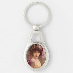 Vintage Style Portrait of Beautiful Floral Woman Keychain