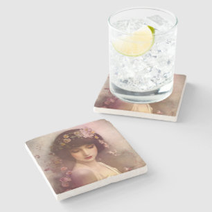 Vintage Style Portrait of Beautiful Floral Woman Stone Coaster