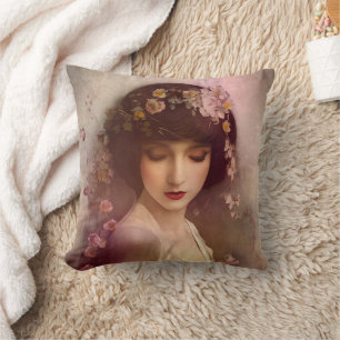 Vintage Style Portrait of Beautiful Floral Woman Throw Pillow