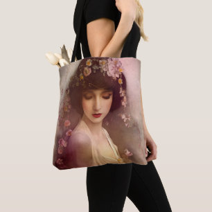Vintage Style Portrait of Beautiful Floral Woman Tote Bag