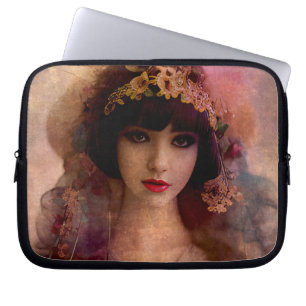 Vintage Style Portrait of Beautiful Woman in Pink Laptop Sleeve