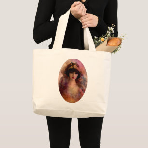 Vintage Style Portrait of Beautiful Woman in Pink Large Tote Bag
