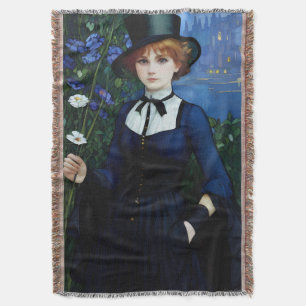 Vintage Style Pretty Dark Academy Girl Portrait Throw Blanket