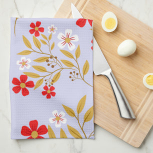 Vintage Style Pretty Red Flowers on Blue Pattern Kitchen Towel