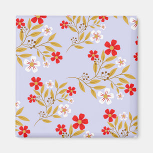 Vintage Style Pretty Red Flowers on Blue Pattern Magnet