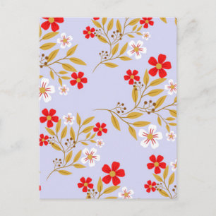 Vintage Style Pretty Red Flowers on Blue Pattern Postcard