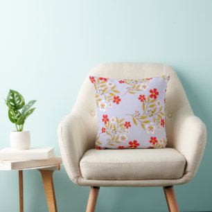 Vintage Style Pretty Red Flowers on Blue Pattern Throw Pillow