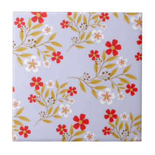Vintage Style Pretty Red Flowers on Blue Pattern Tile