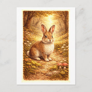 Vintage-Style Rabbit in Forest Illustration Postcard