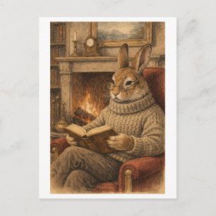 Vintage-Style Rabbit Reading a Book Postcard
