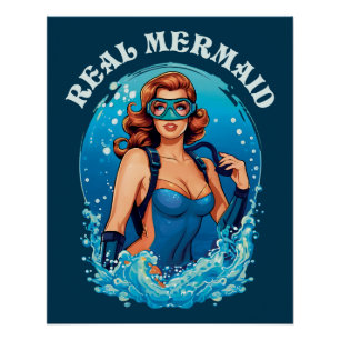 Vintage Style Real Mermaid - Female Scuba Diver Poster