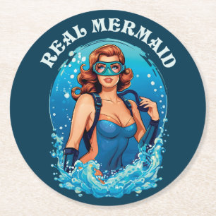 Vintage Style Real Mermaid - Female Scuba Diver Round Paper Coaster