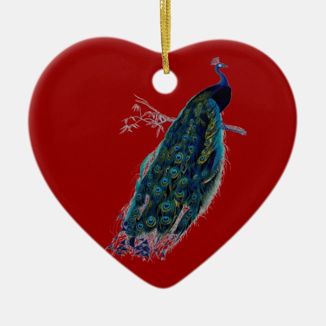Vintage Style Red Heart Peacock Christmas Ornament (Front)