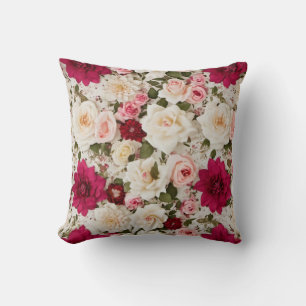 Vintage Style Red Pink and Cream Shabby Chic Roses Throw Pillow