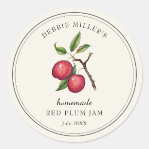 Vintage style Red Plum Jam  on Off White Classic Round Sticker