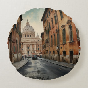 Vintage Style Rome Italian Travel Watercolor Round Pillow