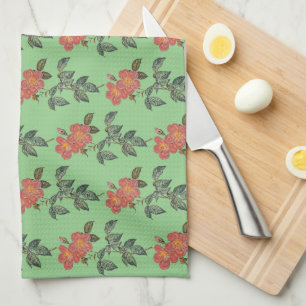 Vintage Style Rose Stem on Green Kitchen Towel