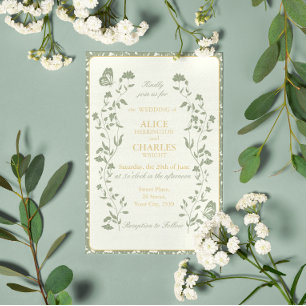 Vintage style Sage Green and Cream  Wedding Invitation