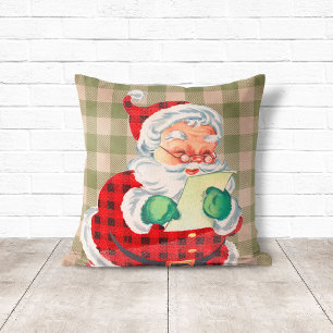 Vintage Style Santa Sage Green Plaid Christmas Throw Pillow