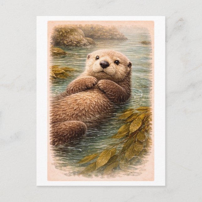 Vintage-Style Sea Otter Illustration Postcard (Front)