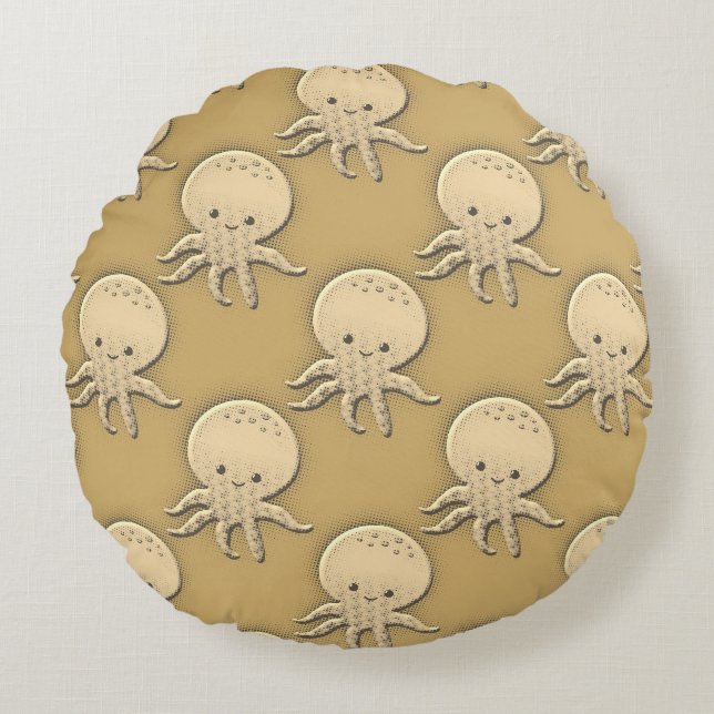 Vintage Style Sepia Baby Octopus Round Pillow (Front)