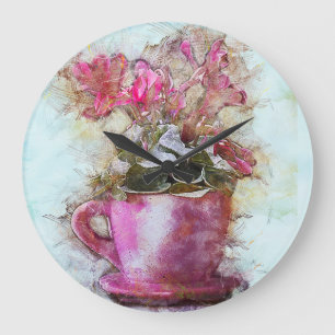 Vintage Style Shabby Chic Violets Lilac Cup Saucer Large Clock