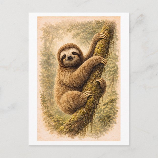 Vintage-Style Sloth Illustration Postcard (Front)