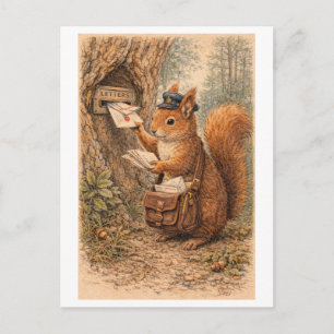 Vintage-Style Squirrel as Mailman Illustration Postcard