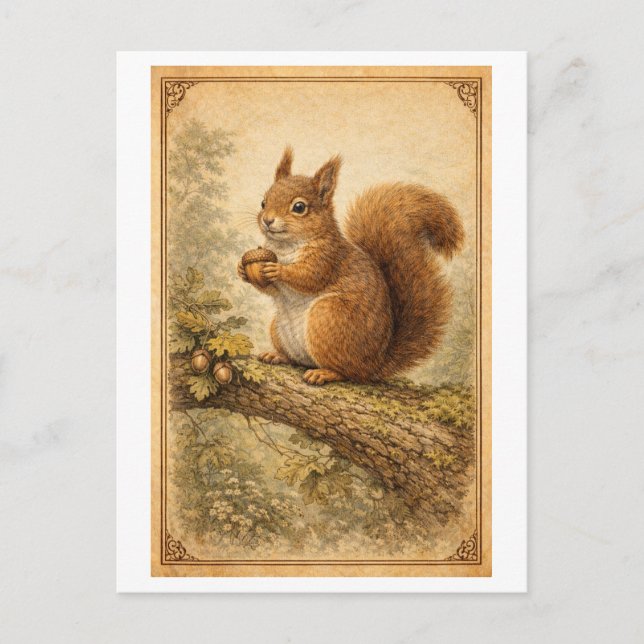 Vintage-Style Squirrel Illustration Postcard (Front)