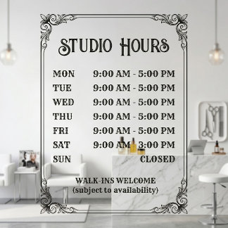 Vintage Style Store Hours Sign. Ornate Black Frame Window Cling