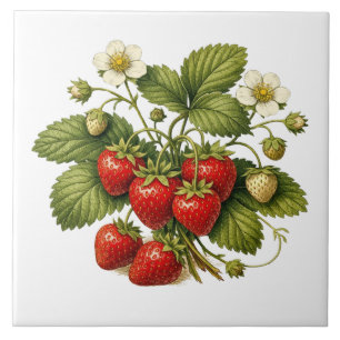 Vintage Style Strawberry Plant with Ripe Berries  Tile