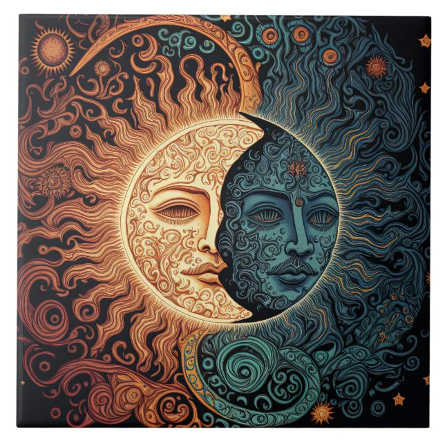 Vintage Style Sun and Moon Tile (Front)
