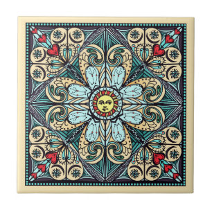 Vintage Style Sun Mandala Ceramic Art Tile