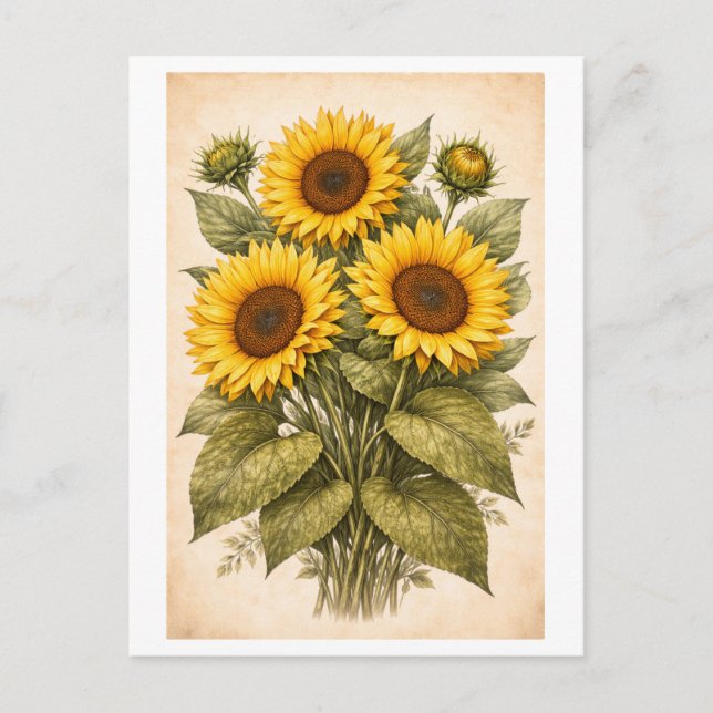 Vintage-Style Sunflower Botanical Illustration Postcard (Front)