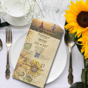 Vintage Style Sunflower Yellow Cream Photo QR Code All In One Invitation