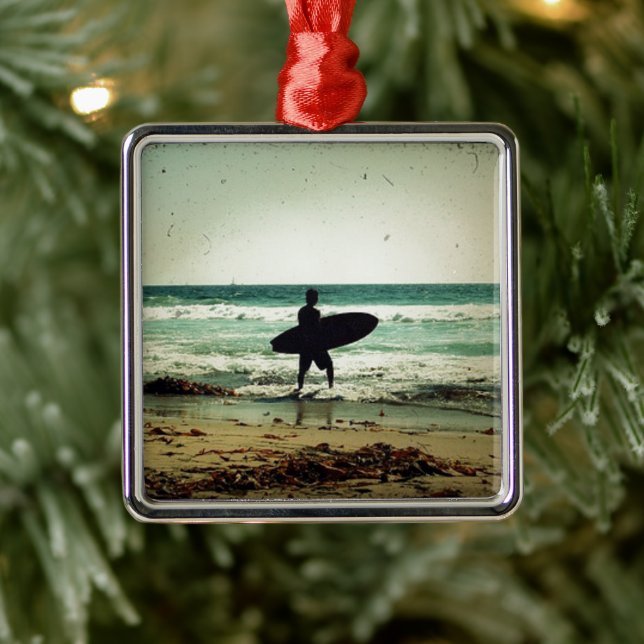 Vintage Style Surfer Silhouette Metal Ornament (Tree)
