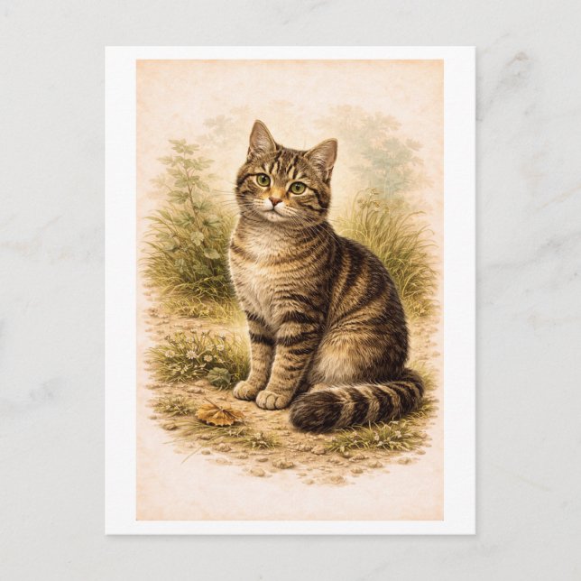 Vintage-Style Tabby Cat Illustration Postcard (Front)