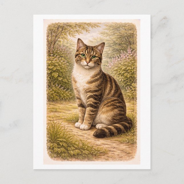Vintage-Style Tabby Cat Illustration Postcard (Front)