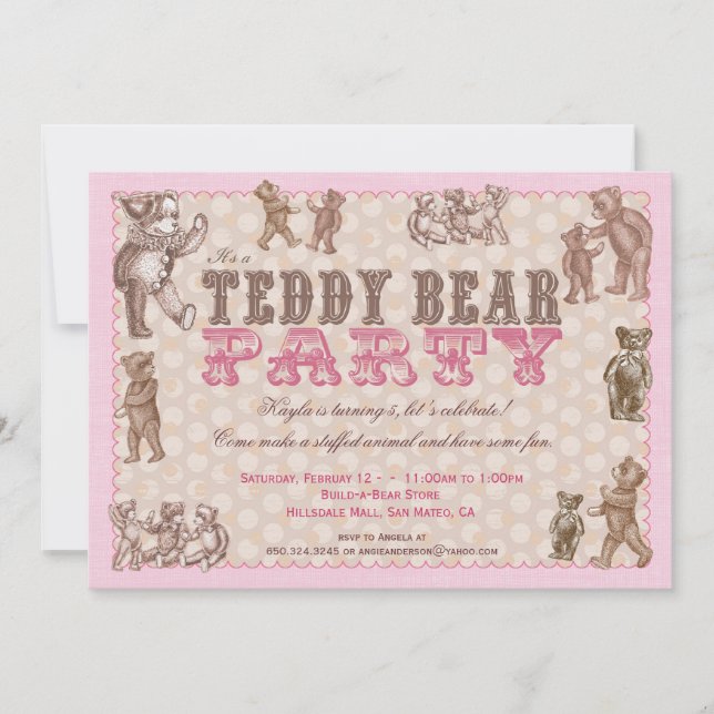 Vintage Style Teddy Bear Party Invitation - Pink (Front)