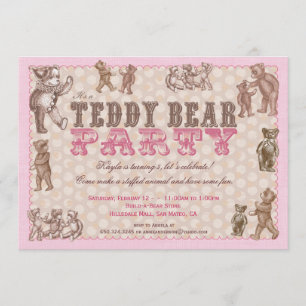 Vintage Style Teddy Bear Party Invitation - Pink