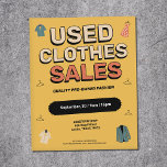 Vintage-Style - Used Clothes Sales  Flyer<br><div class="desc">A vintage-style advertising flyer promoting a used clothing sale featuring bold retro typography on a worn yellow background,  graphic elements and illustrated clothing items like floral dress,  shirts,  hangers and jacket in muted pastel colors.</div>