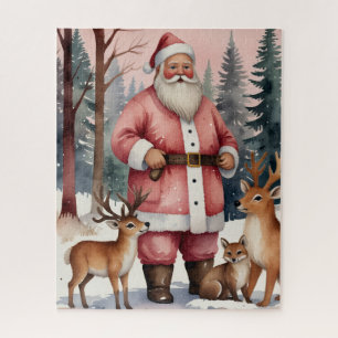 Vintage Style Watercolor Santa With Fox Deer Jigsaw Puzzle