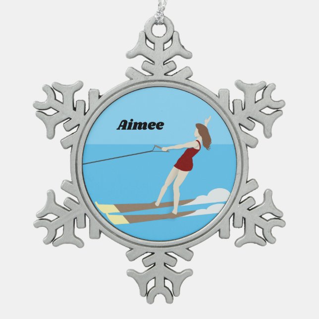 Vintage-style Waterski Snowflake Pewter Christmas Ornament (Front)