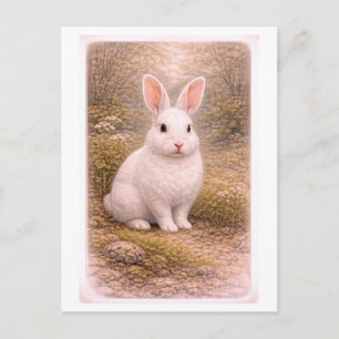 Vintage-Style White Rabbit Illustration Postcard