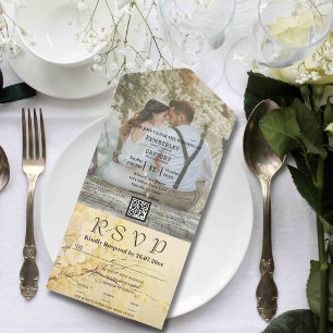 Vintage Style White Sakura  Photo QR Code Website All In One Invitation