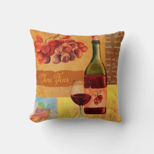 Vintage style wine collage with a watercolour draw throw pillow