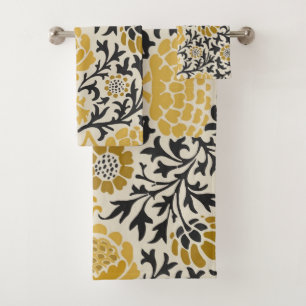 Vintage-style yellow and black floral  pattern bath towel set