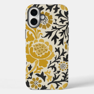 Vintage-style yellow and black floral  pattern iPhone 16 plus case