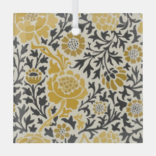 Vintage-style yellow and black floral pattern glass ornament